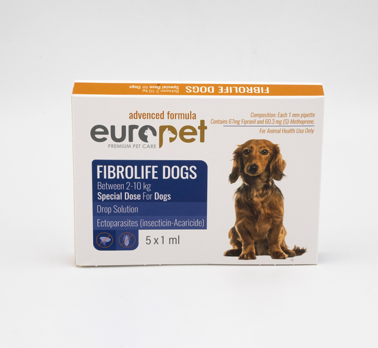 قطره ضد کک و کنه سگ Europet Fibrolife مخصوص سگ‌های ۲ تا ۱۰ کیلوگرم بسته ۵ عددی