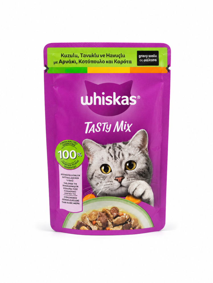 پوچ گربه Whiskas Tasty Mix با طعم بره، مرغ و هویج در سس Whiskas Tasty Mix Cat Pouch with Lamb, Chicken and Carrots in G