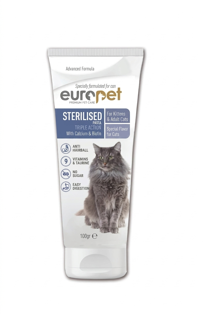 خمیر مالت گربه یوروپت مدل Sterilised Pasta با کلسیم و بیوتین 100 گرم 