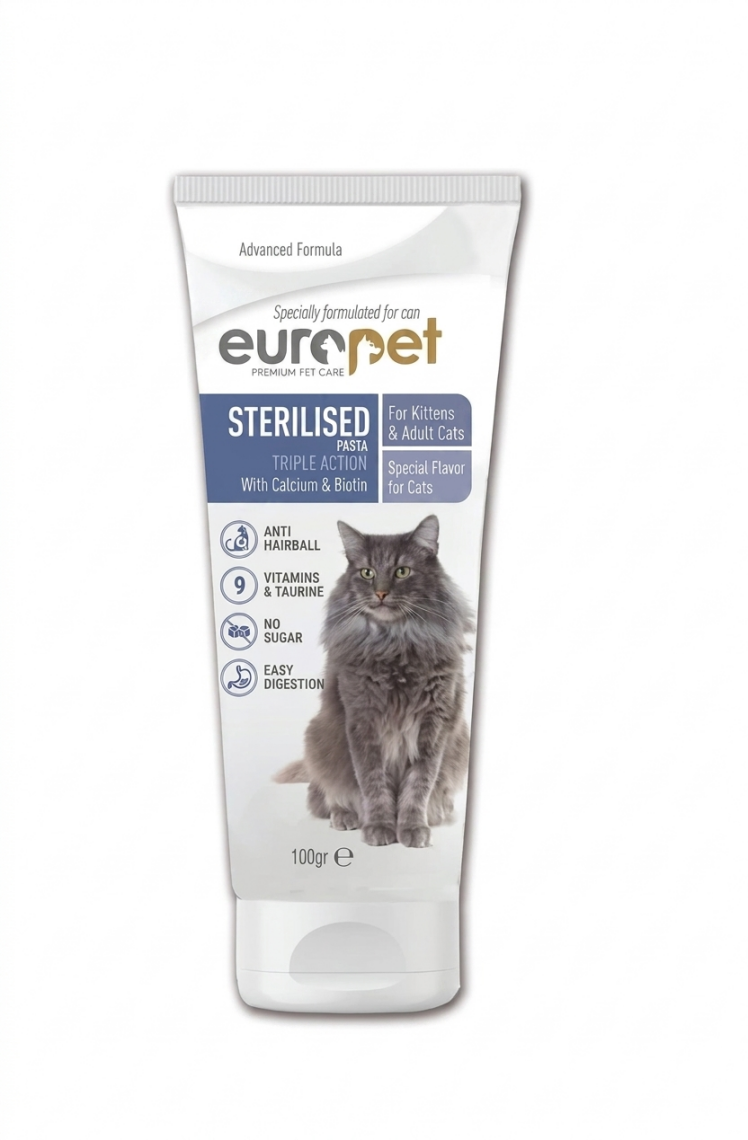 خمیر مالت گربه یوروپت مدل Sterilised Pasta با کلسیم و بیوتین 100 گرم