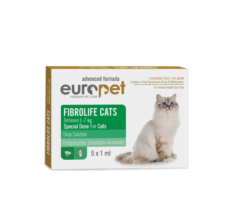 قطره ضد کک و کنه گربه Europet Fibrolife مخصوص گربه‌های ۱ تا ۷ کیلوگرم بسته ۵ عددی