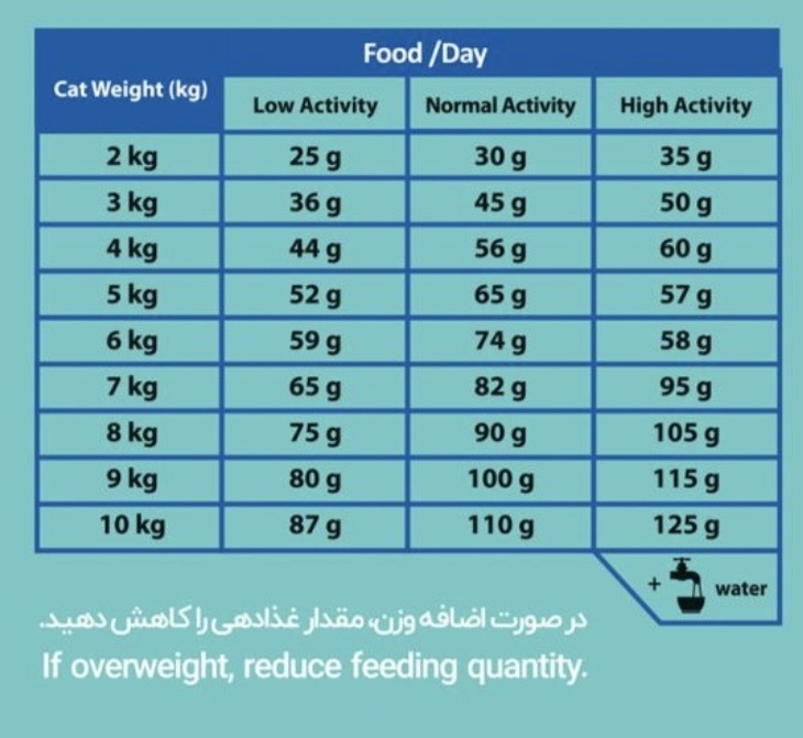 جدول مقدار مصرف روزانه