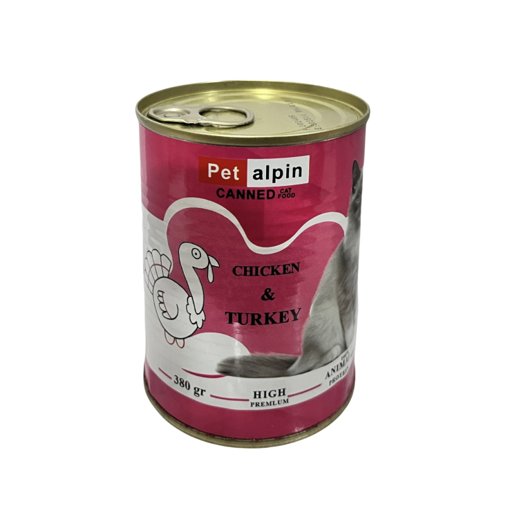 کنسرو گربه پت آلپین با طعم مرغ و بوقلمون 380g